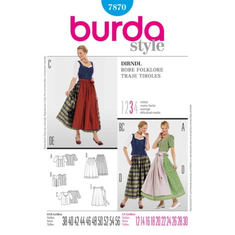 Burda Style Sewing Pattern 7870 Women's Traditional Dirndl Skirt, Apron & Blouse 3 Burda Style Sewing Pattern 7870 Women's Traditional Dirndl Skirt, Apron & Blouse