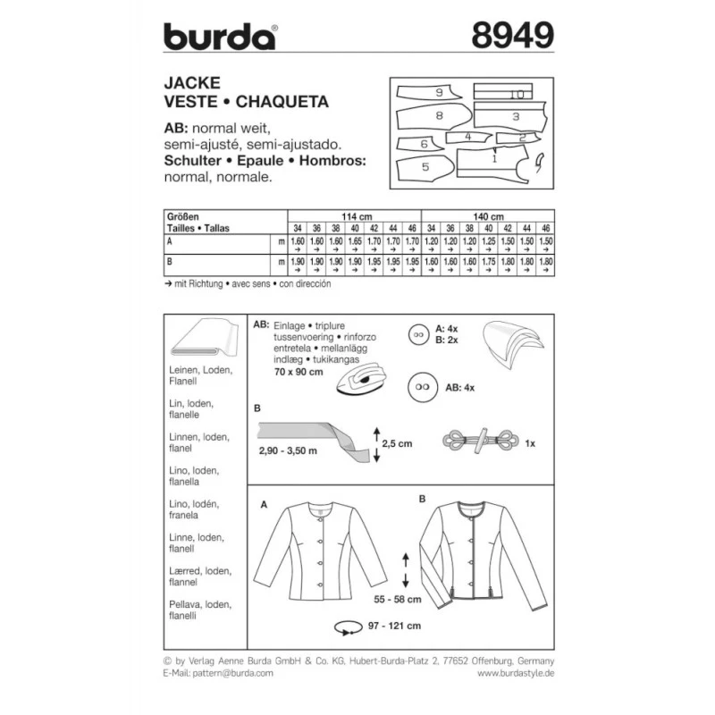 Burda Style Sewing Pattern 8949 Women's Stylish Waisted Collarless Short Jackets 4 Burda Style Sewing Pattern 8949 Women's Stylish Waisted Collarless Short Jackets - Image 2