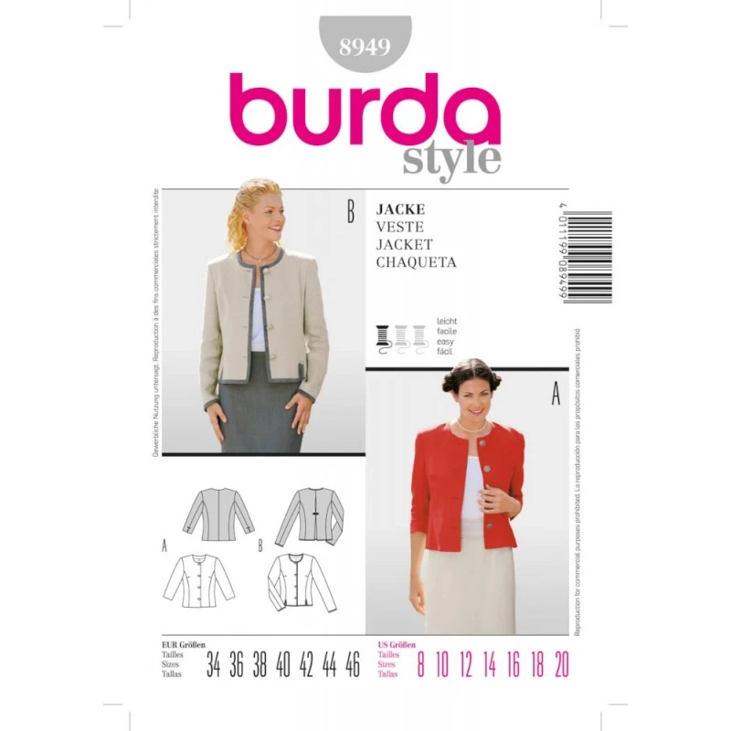 Burda Style Sewing Pattern 8949 Women's Stylish Waisted Collarless Short Jackets 3 Burda Style Sewing Pattern 8949 Women's Stylish Waisted Collarless Short Jackets