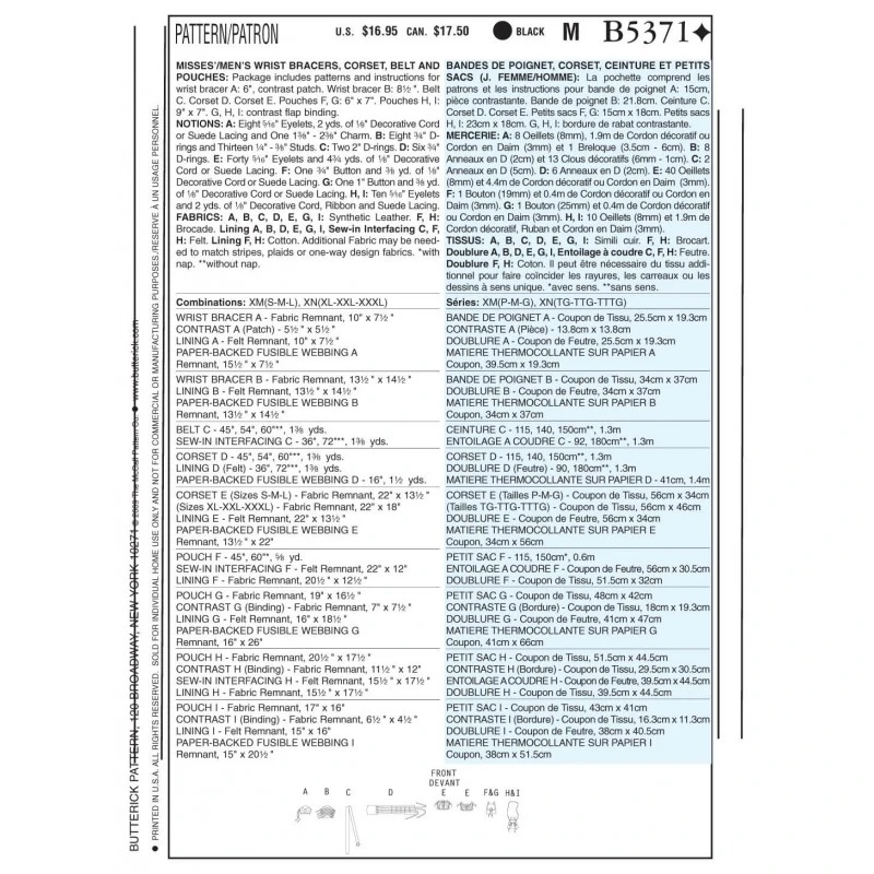 Butterick Sewing Pattern 5371 Misses' Men's Wrist Bracers Corset Belt & Pouches 4 Butterick Sewing Pattern 5371 Misses' Men's Wrist Bracers Corset Belt & Pouches - Image 2