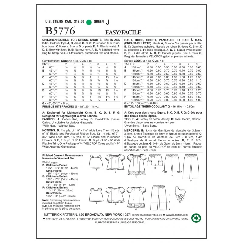 Butterick Sewing Pattern 5776 Children's Top Dress Shorts Trousers & Bag 4 Butterick Sewing Pattern 5776 Children's Top Dress Shorts Trousers & Bag - Image 2