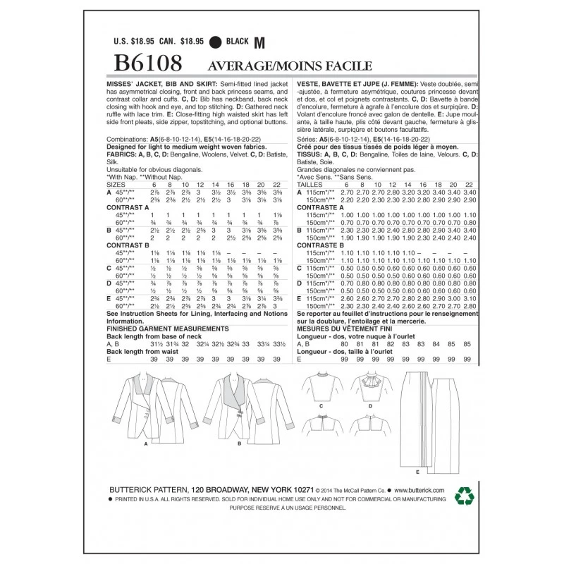 Butterick Sewing Pattern 6108 Misses' Jacket Coat Neck Ruffle & Skirt 4 Butterick Sewing Pattern 6108 Misses' Jacket Coat Neck Ruffle & Skirt - Image 2