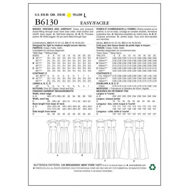 Butterick Sewing Pattern 6130 Misses' Dress & Jumpsuit E5 14-22 4 Butterick Sewing Pattern 6130 Misses' Dress & Jumpsuit E5 14-22 - Image 2