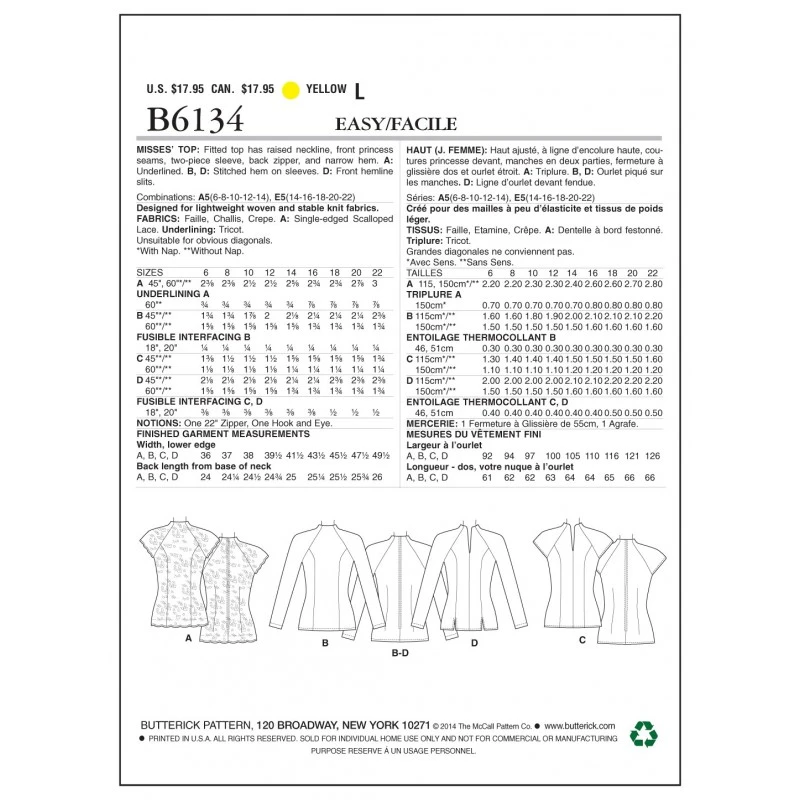 Butterick Sewing Pattern 6134 Misses' Fitted Outdoor Top 4 Butterick Sewing Pattern 6134 Misses' Fitted Outdoor Top - Image 2