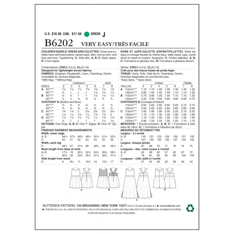 Butterick Sewing Pattern 6202 Children's Girls Summer Dress & Culottes 4 Butterick Sewing Pattern 6202 Children's Girls Summer Dress & Culottes - Image 2