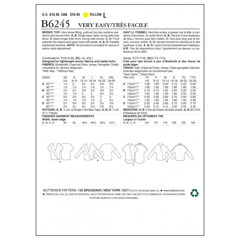 Butterick Sewing Pattern 6245 Misses' Pullover Top 4 Butterick Sewing Pattern 6245 Misses' Pullover Top - Image 2