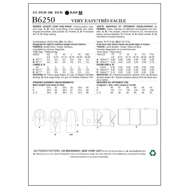 Butterick Sewing Pattern 6250 Misses' Jacket Coat & Wrap Y (XSM-SM-MED) 4 Butterick Sewing Pattern 6250 Misses' Jacket Coat & Wrap Y (XSM-SM-MED) - Image 2