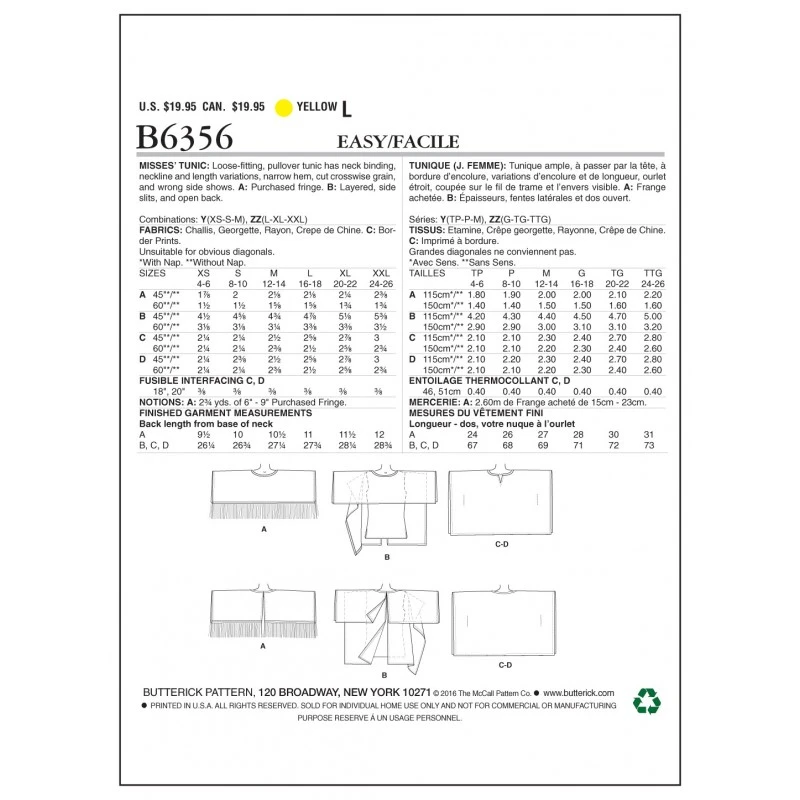 Butterick Sewing Pattern 6356 Misses' Fringe Trim Overlay Or Notch Neck Tunics 4 Butterick Sewing Pattern 6356 Misses' Fringe Trim Overlay Or Notch Neck Tunics - Image 2