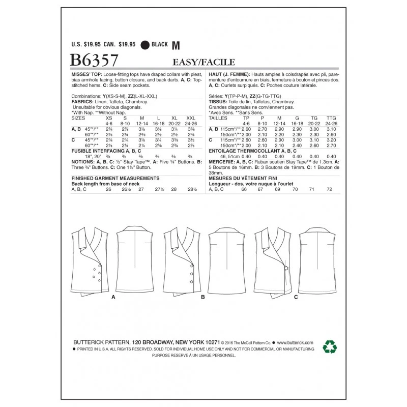 Butterick Sewing Pattern 6357 Misses' Sleeveless Wrap Tops With Shawl Collar 4 Butterick Sewing Pattern 6357 Misses' Sleeveless Wrap Tops With Shawl Collar - Image 2