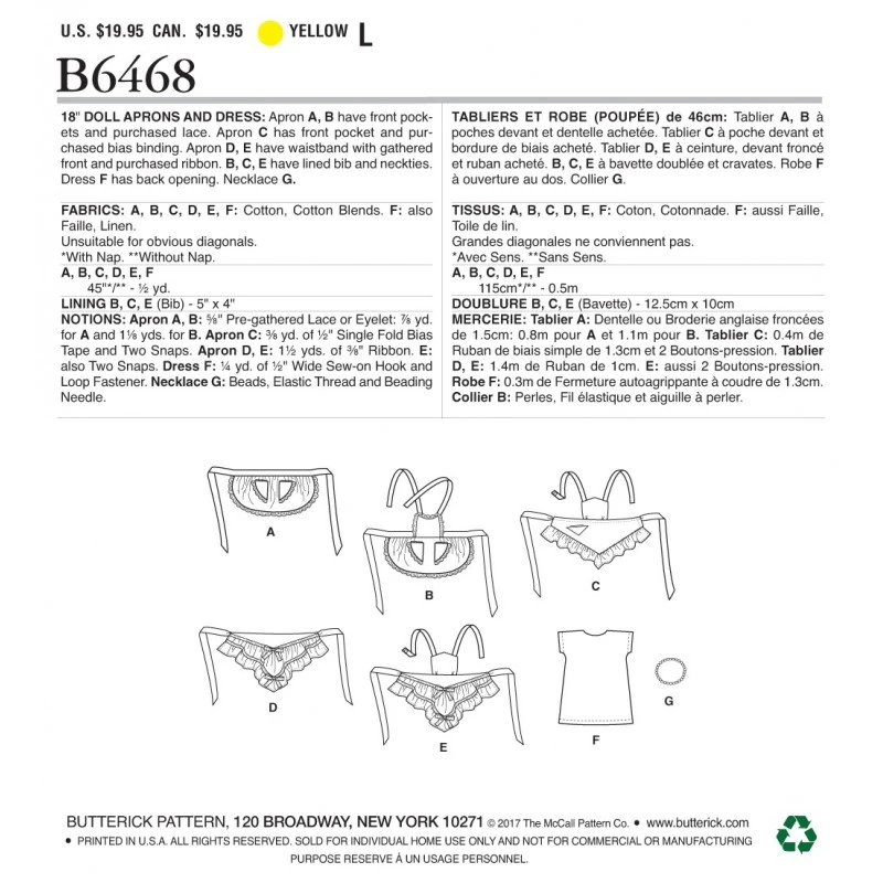 Butterick Sewing Pattern 6468 18" Doll Clothes Ruffled Aprons Dress & Necklace 4 Butterick Sewing Pattern 6468 18" Doll Clothes Ruffled Aprons Dress & Necklace - Image 2