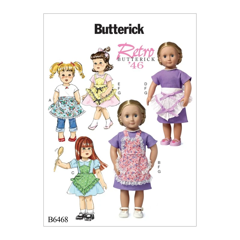 Butterick Sewing Pattern 6468 18" Doll Clothes Ruffled Aprons Dress & Necklace 3 Butterick Sewing Pattern 6468 18" Doll Clothes Ruffled Aprons Dress & Necklace