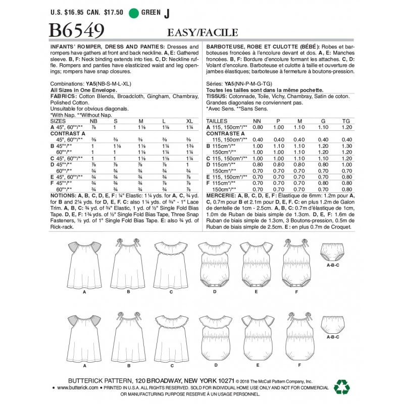 Butterick Sewing Pattern 6549 Infants Romper, Dress And Panties 4 Butterick Sewing Pattern 6549 Infants Romper, Dress And Panties - Image 2