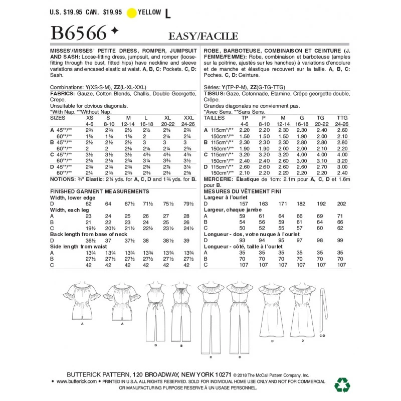 Butterick Sewing Pattern 6566 Misses' / Misses Petite Dress, Rhomper Or Playsuit 4 Butterick Sewing Pattern 6566 Misses' / Misses Petite Dress, Rhomper Or Playsuit - Image 2