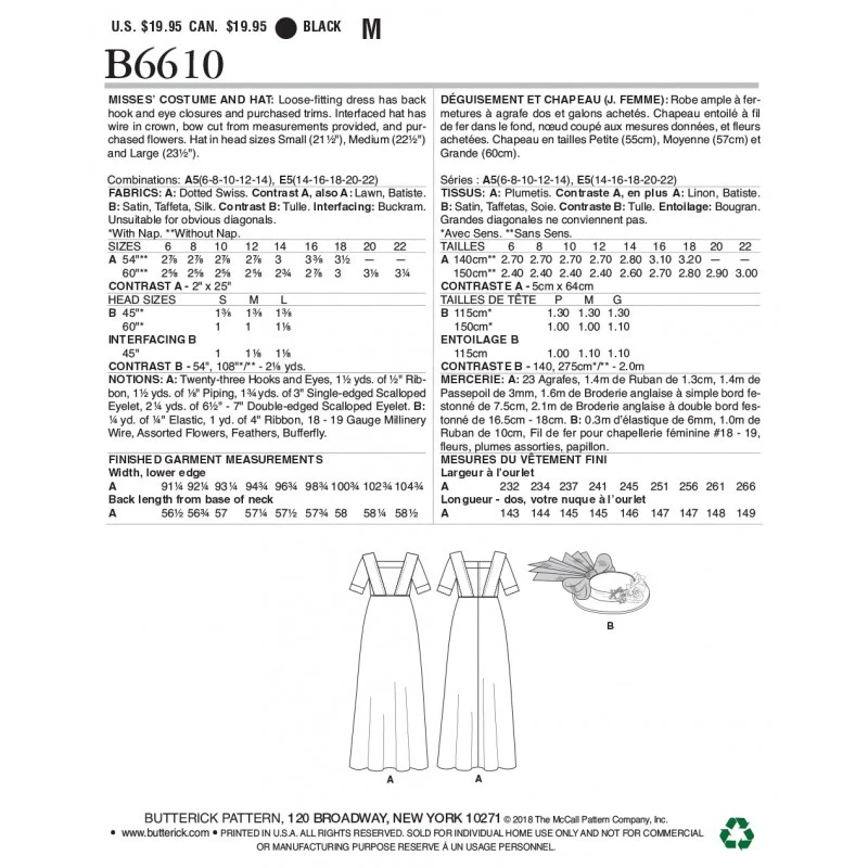 Butterick Sewing Pattern 6610 Misses' Vintage Period Dress And Hat 4 Butterick Sewing Pattern 6610 Misses' Vintage Period Dress And Hat - Image 2