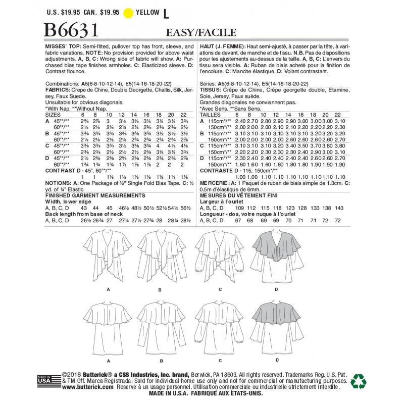 Butterick Sewing Pattern 6631 Women's Ruffle Overlay Top 4 Butterick Sewing Pattern 6631 Women's Ruffle Overlay Top - Image 2