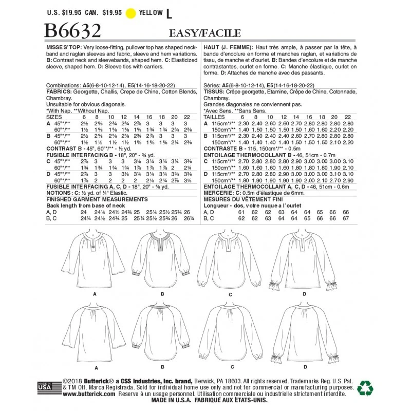 Butterick Sewing Pattern 6632 Women's Pull Over Shirt Top 4 Butterick Sewing Pattern 6632 Women's Pull Over Shirt Top - Image 2