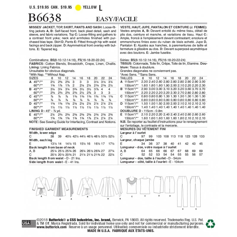 Butterick Sewing Pattern 6638 Women's Jacket Top Skirt Trousers & Sash 4 Butterick Sewing Pattern 6638 Women's Jacket Top Skirt Trousers & Sash - Image 2
