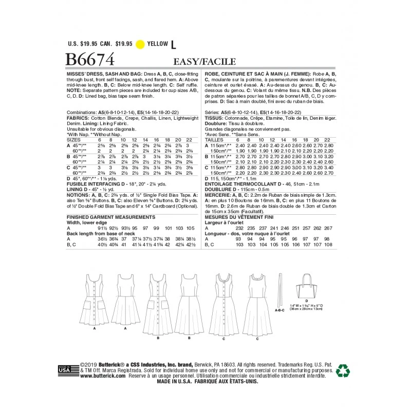 Butterick Sewing Pattern B6674 Misses' Dress, Sash And Bag 3 Butterick Sewing Pattern B6674 Misses' Dress, Sash And Bag