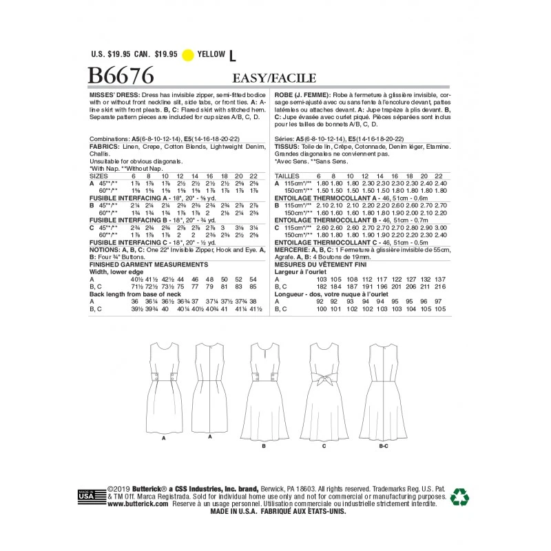 Butterick Sewing Pattern B6676 Misses' Dress Semi Fitted Bodice 4 Butterick Sewing Pattern B6676 Misses' Dress Semi Fitted Bodice - Image 2