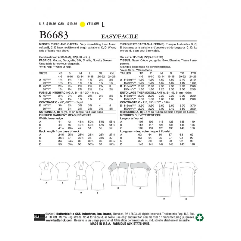 Butterick Sewing Pattern B6683 Misses' Caftan Tunic Top Maxi Dress Loose Fit 4 Butterick Sewing Pattern B6683 Misses' Caftan Tunic Top Maxi Dress Loose Fit - Image 2