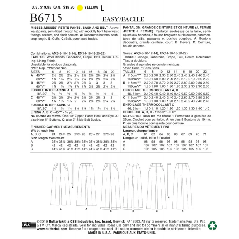 Butterick Sewing Pattern B6715 Misses’/Misses’ Petite Trousers, Sash & Belt Easy 4 Butterick Sewing Pattern B6715 Misses’/Misses’ Petite Trousers, Sash & Belt Easy - Image 2
