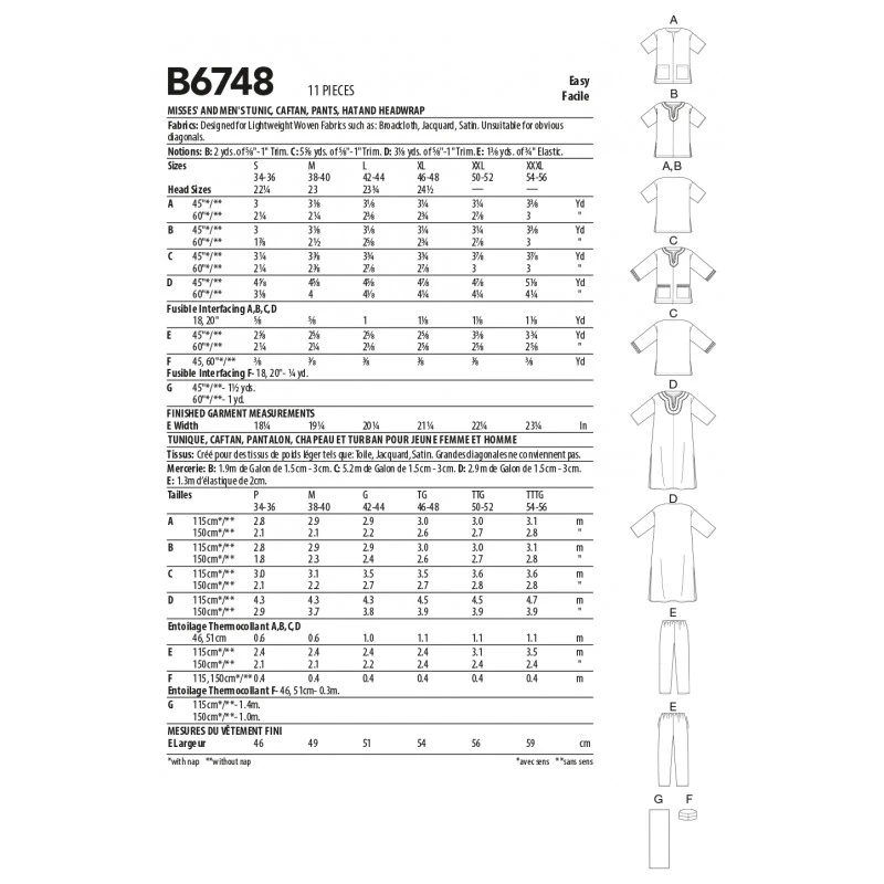 Butterick Sewing Pattern B6748 Misses'/Men's Tunic Caftan Trousers Head Wrap 4 Butterick Sewing Pattern B6748 Misses'/Men's Tunic Caftan Trousers Head Wrap - Image 2