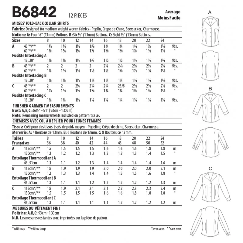 Butterick Sewing Pattern B6842 Misses' Semi Fitted Shirts Raised Neckline 4 Butterick Sewing Pattern B6842 Misses' Semi Fitted Shirts Raised Neckline - Image 2