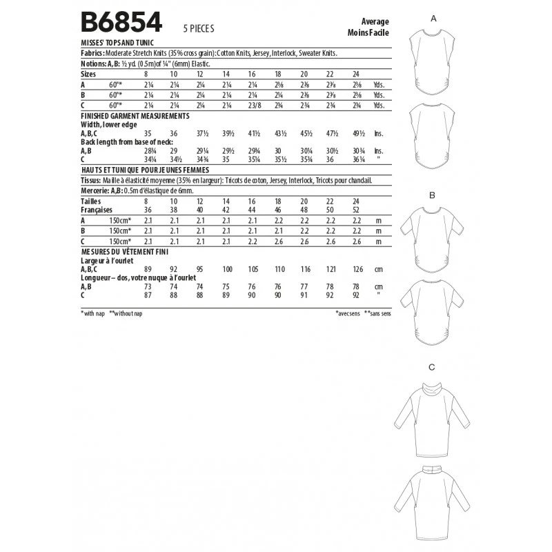 Butterick Sewing Pattern B6854 Misses' Close Fitting Top Or Tunic Drop Shoulder 4 Butterick Sewing Pattern B6854 Misses' Close Fitting Top Or Tunic Drop Shoulder - Image 2