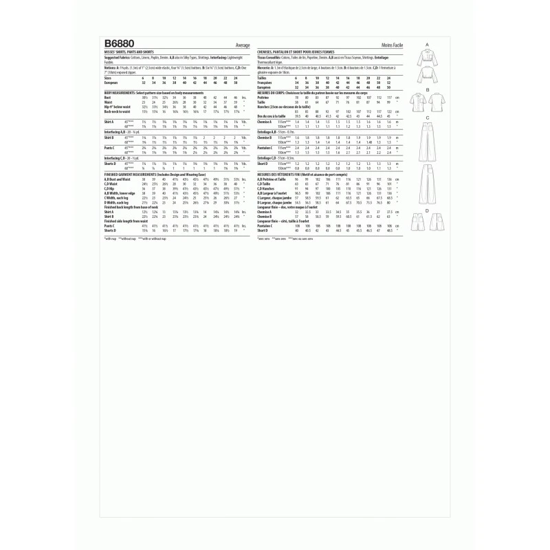 Butterick Sewing Pattern B6880 Misses' Buttoned Shirt Wide Leg Trousers Shorts 4 Butterick Sewing Pattern B6880 Misses' Buttoned Shirt Wide Leg Trousers Shorts - Image 2