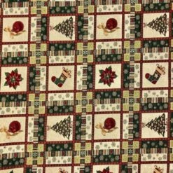 Christmas Lurex Tapestry Fabric Stockings And Baubles Xmas Tree 140cm Wide