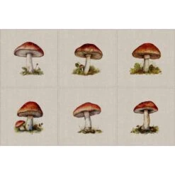 Cotton Rich Linen Look Fabric Digital Botanical Toadstools Mushroom Panel