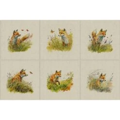 Cotton Rich Linen Look Fabric Digital Country Foxes Fox Wild Flowers Panel
