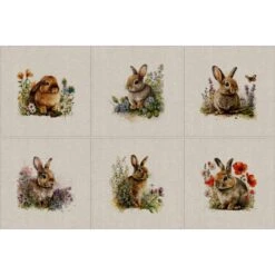 Cotton Rich Linen Look Fabric Digital Floral Bunnies Bunny Rabbit Panel