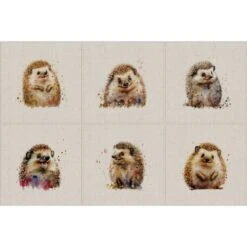 Cotton Rich Linen Look Fabric Digital Happy Hedgehogs Hedgehog Panel