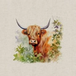 Cotton Rich Linen Look Fabric Digital Hedgerow Highland Cow Cows Farm Panel -OHSEWCRAFTY cotton rich linen look fabric digital hedgerow highland cow cows farm panel 2