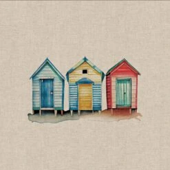 Cotton Rich Linen Look Fabric Digital Watercolour Beach Huts Seaside Panel -OHSEWCRAFTY cotton rich linen look fabric digital watercolour beach huts seaside panel 2