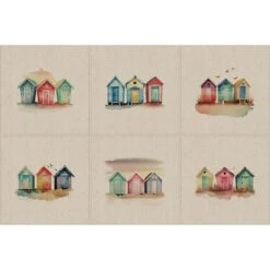 Cotton Rich Linen Look Fabric Digital Watercolour Beach Huts Seaside Panel