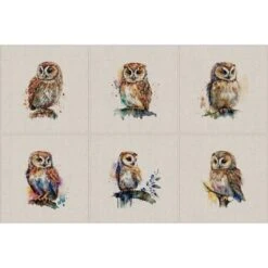 Cotton Rich Linen Look Fabric Digital Watercolour Owl Owls Bird Birds Panel