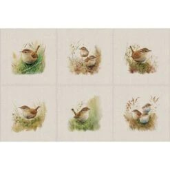 Cotton Rich Linen Look Fabric Digital Wren Bird Birds Animal Panel