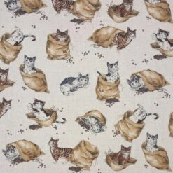Japanese Cotton Linen Fabric Nutex Kasai Cats Kitten Coffee Bean Sack 110cm Wide