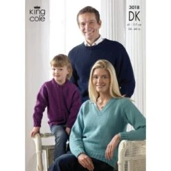 King Cole Knitting Pattern 3018 Sweaters & Cardigan Knitted In Merino Blend DK