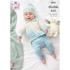 King Cole Knitting Pattern 6033 Sweater Cardigan & Hat Knitted In Cutie Pie DK