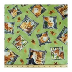 Out Of The Den Fox Faces In Squares Green 100% Cotton Dress Fabric