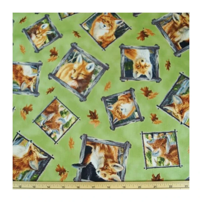 Out Of The Den Fox Faces In Squares Green 100% Cotton Dress Fabric 3 Out Of The Den Fox Faces In Squares Green 100% Cotton Dress Fabric