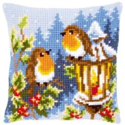 Tapestry Printed Cross Stitch Cushion: Robins At The Christmas Lantern
