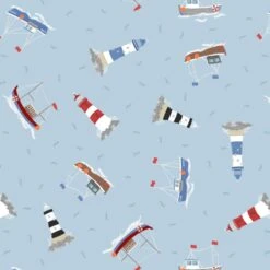 SALE 100% Cotton Fabric Lewis & Irene Boats Lighthouses Light Blue 112cm Wide