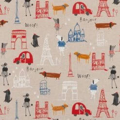 SALE Cotton Rich Linen Look Fabric Paris Landmarks Bonjour Upholstery 140cm Wide