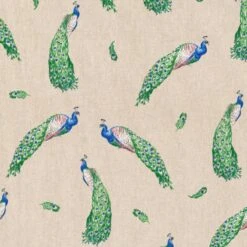SALE Cotton Rich Linen Look Fabric Peacocks Birds Wildlife Upholstery 140cm Wide
