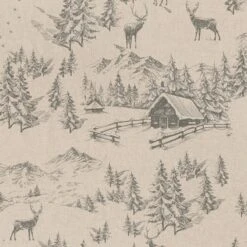 SALE Cotton Rich Linen Look Fabric Winter Toile Scenic Upholstery 140cm Wide
