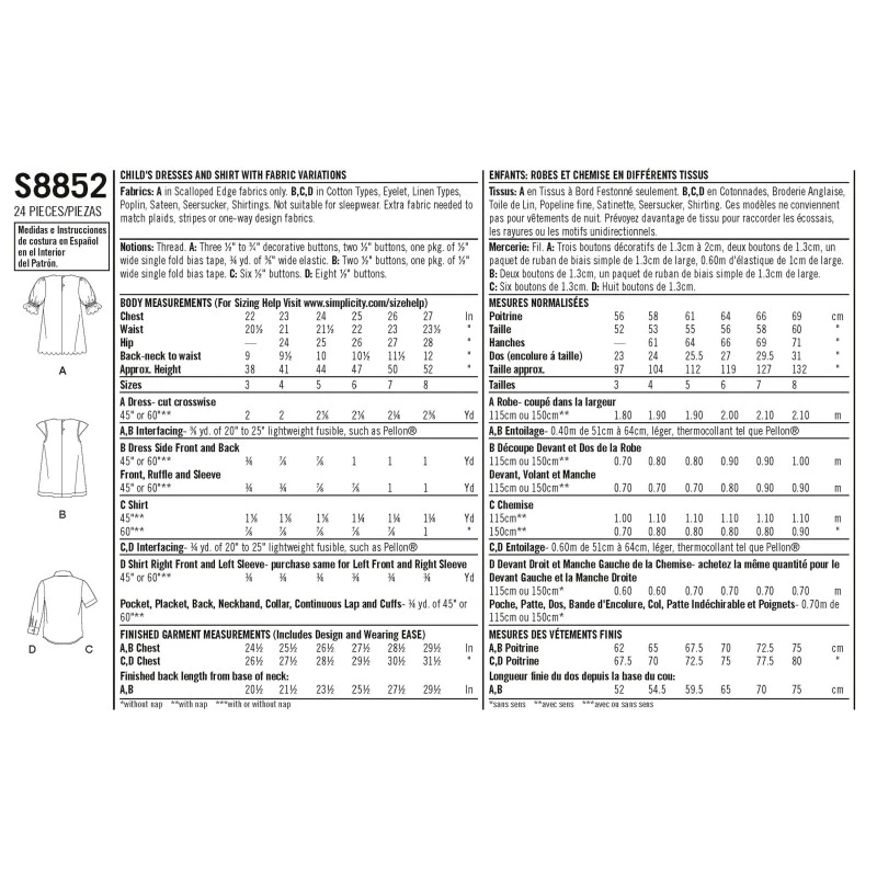 Simplicity Sewing Pattern 8852 Child's Dresses And Shirt 4 Simplicity Sewing Pattern 8852 Child's Dresses And Shirt - Image 2